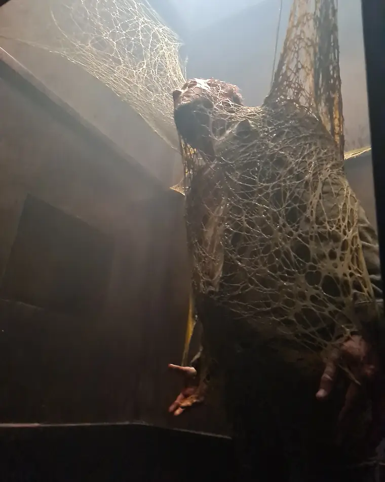 Figure wrapped in spider web elements, hanging on a dark set of the film Sting